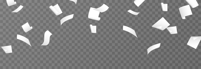 Vector falling sheets of paper png. Flying pages of documents on transparent background. Office sheets of paper png.