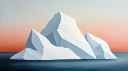 A stylized iceberg rises from calm waters beneath a soft gradient sky, showcasing geometric shapes and a minimalist aesthetic.
