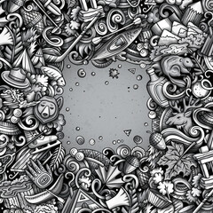 Canada cartoon doodle illustration. Funny Canadian border. Creative vector background featuring North American country elements and objects. Monochrome frame composition © balabolka