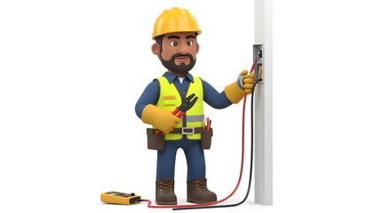 Cartoon Electrician Working on Electrical Wiring 3D Render Illustration of a Skilled Worker