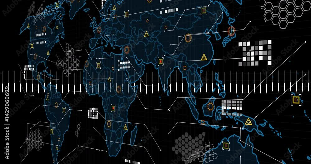 Poster visualizing neon-blue world map pulsing with white grid lines and data icons, in animated interface