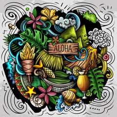 Hawaii cartoon vector doodle illustration. Colorful detailed composition with a lot of Hawaiian objects and symbols. All items are separate