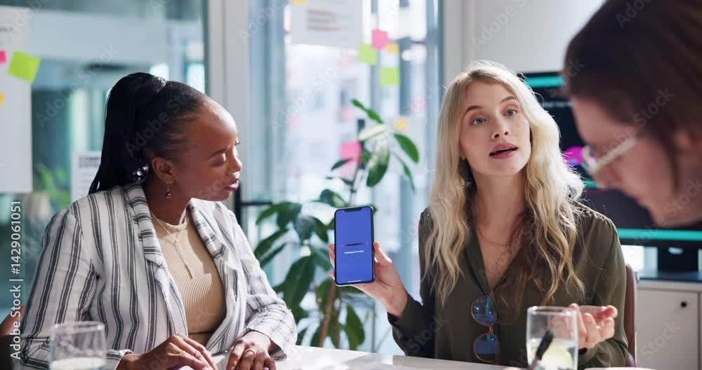 Poster Woman, phone screen and app development presentation, explain UI or application functions for funding. Business meeting, pitch for investors or collaboration, UX designer and mobile tech in boardroom