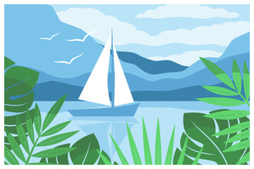 Landscape with a sailboat or yacht, with silhouettes of mountains and palm leaves. Tourism concept, travel, adventure, wild nature, vacation. Vector illustration © Tatiana Bass