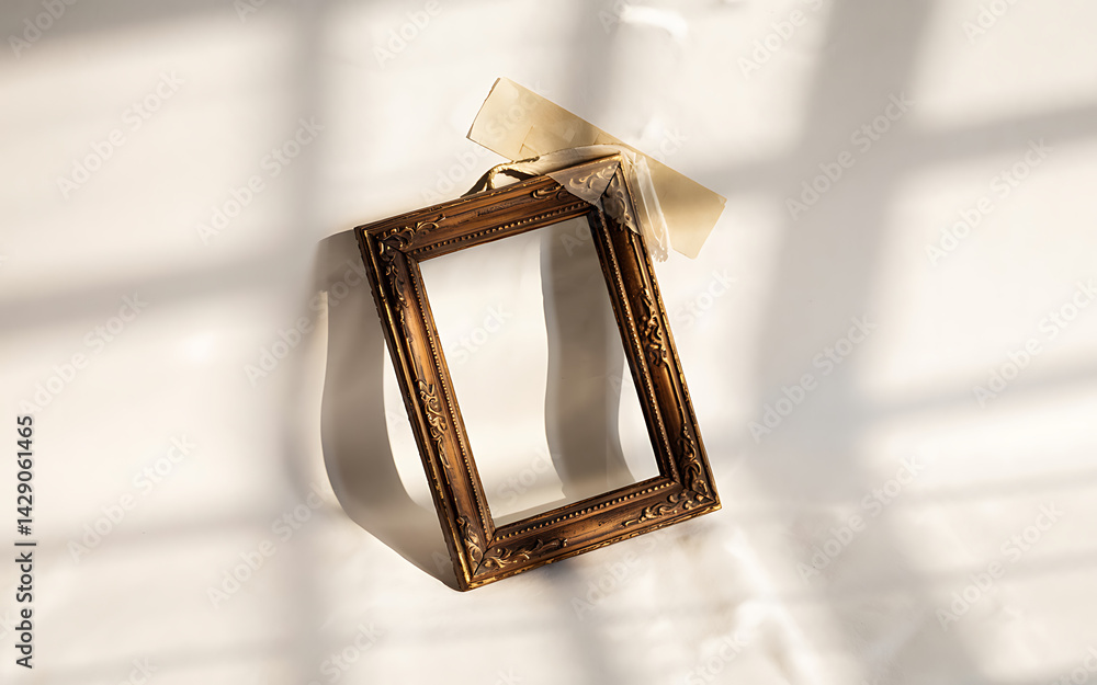 Aufkleber empty ornate picture frame on white surface with window light creating shadows and attached beige pa