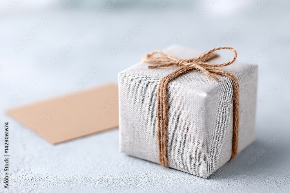 Poster minimalistic image of single neatly wrapped gift box with subtle father day card nearby