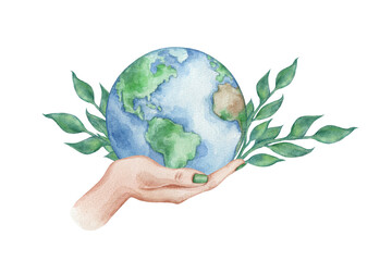 Watercolor illustration of a hand holding the Earth with tree branches