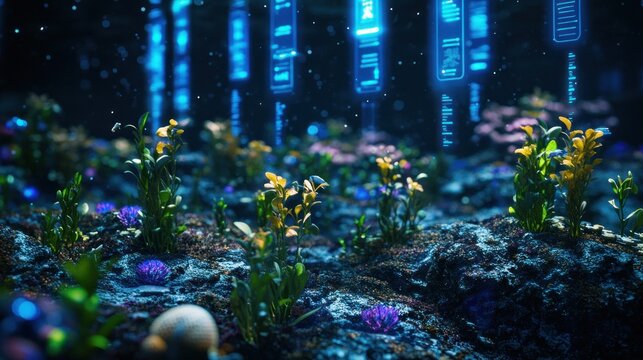 Futuristic bioluminescent plants grow under digital data streams