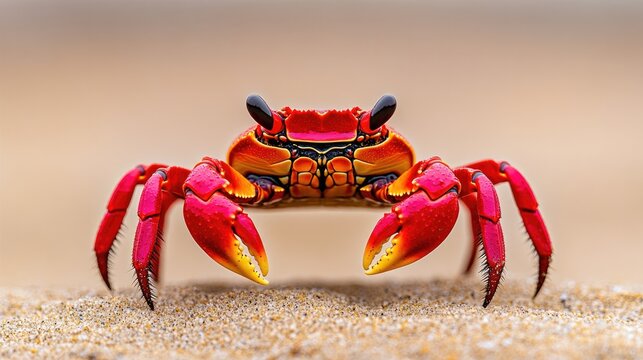 Vibrant red-legged crab grapsus adscensionis on sandy shore capturing coastal wildlife and nature