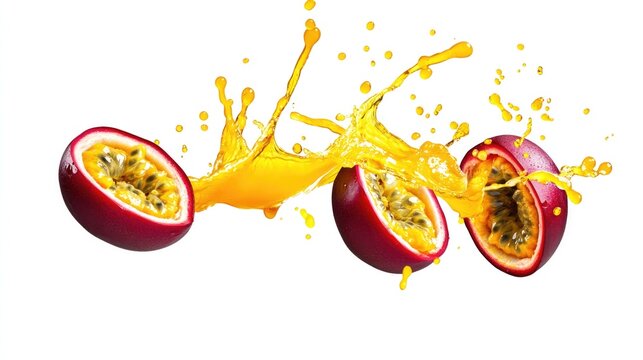 Vibrant red passion fruit with splashes of juice capturing fresh flavor explosion for beverage advertising and culinary design