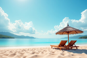 Obraz premium Two wooden loungers sit on soft sand beneath a thatched umbrella, with tranquil blue waters stretching under a clear sky and fluffy clouds. Generative AI.
