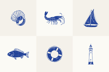 Collection of ocean and sea-themed vector illustrations. Includes waves, marine animals, shells, boats, and underwater elements. Perfect for summer designs and nature projects.