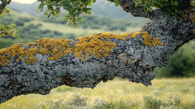 Light green moss grows on the bark of an old, gnarled apple tree in an orchard
