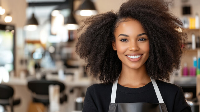 Confident beauty salon owner smiling in modern hair studio setting, celebrating empowerment and diversity in business