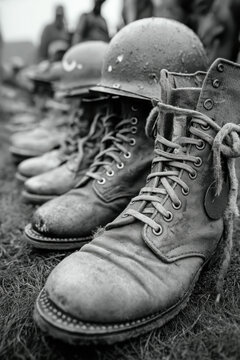 Photo en noir et blanc de bottes militaires us&eacute;es et casque pos&eacute;s &agrave; terre, symboles de souvenir et d&rsquo;hommage aux soldats tomb&eacute;s, sc&egrave;nes &eacute;vocatrices du devoir et de la m&eacute;moire