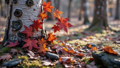 Autumnal birch bark covered in vibrant maple leaves amidst swirling fog in a tranquil forest setting.