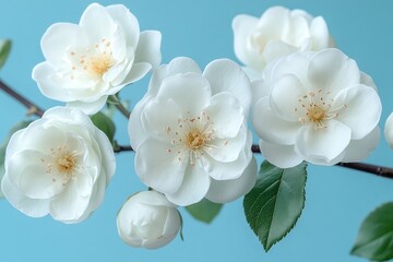 Obraz premium White flowers with green leaves on a branch against a blue background.