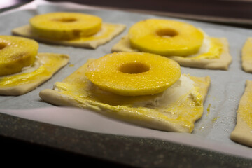 Puff pastry with apple and cream cheese. Dessert. Pastry. Bread