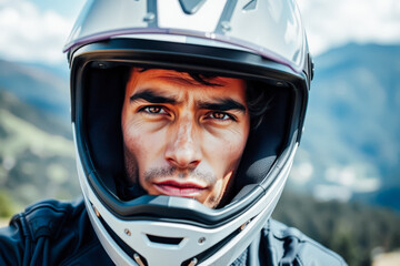 Focused Motocross Rider Portrait in Mountains