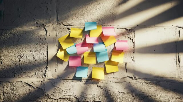 A wall covered in paint strokes and sticky notes of ideas.

