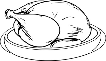Roasted Chicken on Serving Platter A Simple Line Drawing