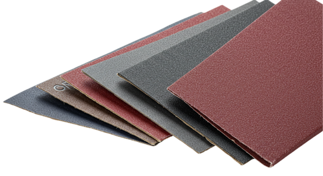 A close up shot showing an assortment of sandpaper sheets in varying colors and grit levels neatly stacked