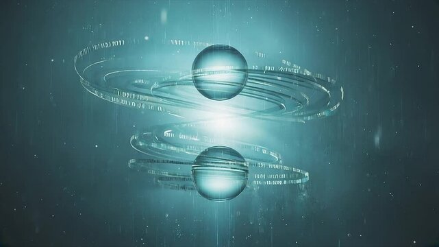 Two overlapping transparent spheres entangled with flowing, curved data streams between them, symbolizing quantum communication or parallel digital systems, 4k High-Quality background Animation Video