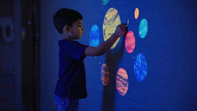 A child drawing planets that glow on the wall.

