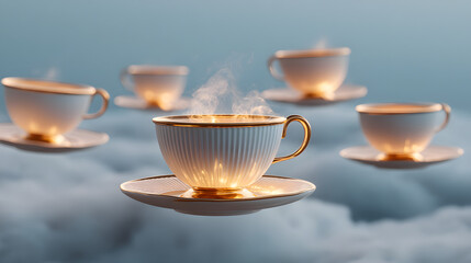 Fototapeta premium Floating Cafe in Dreamy Pastel Clouds