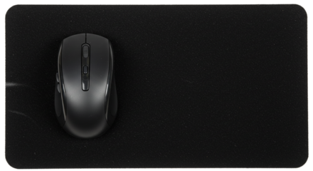 A top down shot of a dark gray wireless mouse resting on a black rectangular mouse pad on a flat surface