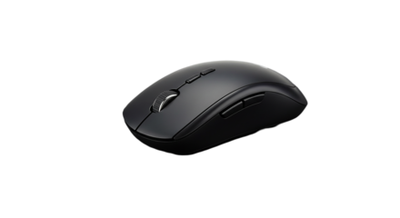 A close up shot of a sleek black computer mouse isolated on a plain black background in studio lighting
