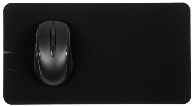 A top down shot of a dark gray wireless mouse resting on a black rectangular mouse pad on a flat surface