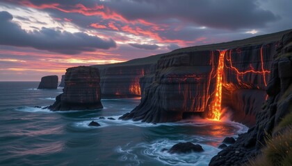Fototapeta premium Volcanic archipelago; obsidian cliffs, pyrite veins, scarlet lava flows, turquoise water, twilight sky.
