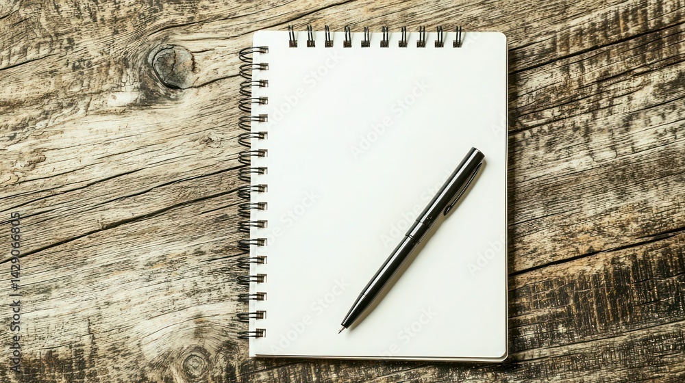 Poster a blank spiral notebook with a pen resting on it.