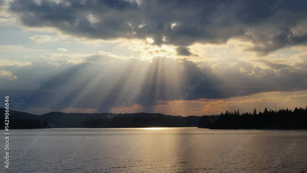 Poster sunbeams piercing through clouds above a calm lake.