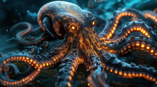 Robotic octopus ocean deep glowing game background
