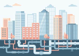 Underground pipelines. City engineering network. Gas pipes, water supply, sewerage, electrical networks. Vector  illustration