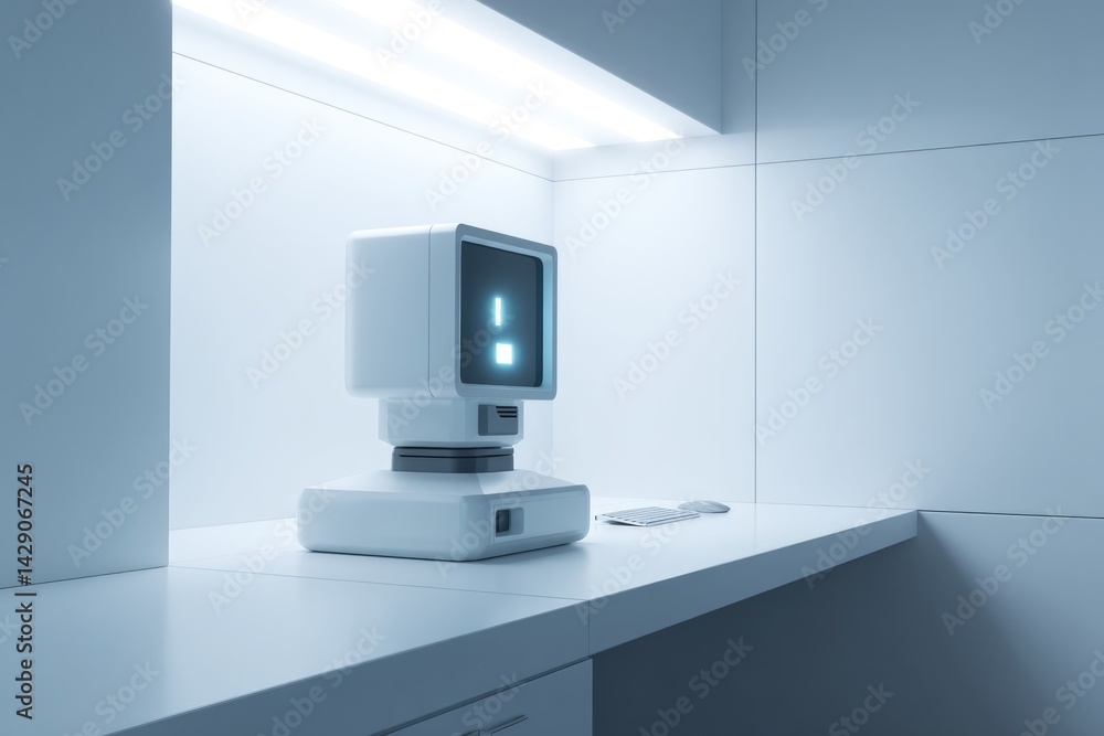 Poster modern futuristic 3d computer setup displayed on sleek desk in minimalist style