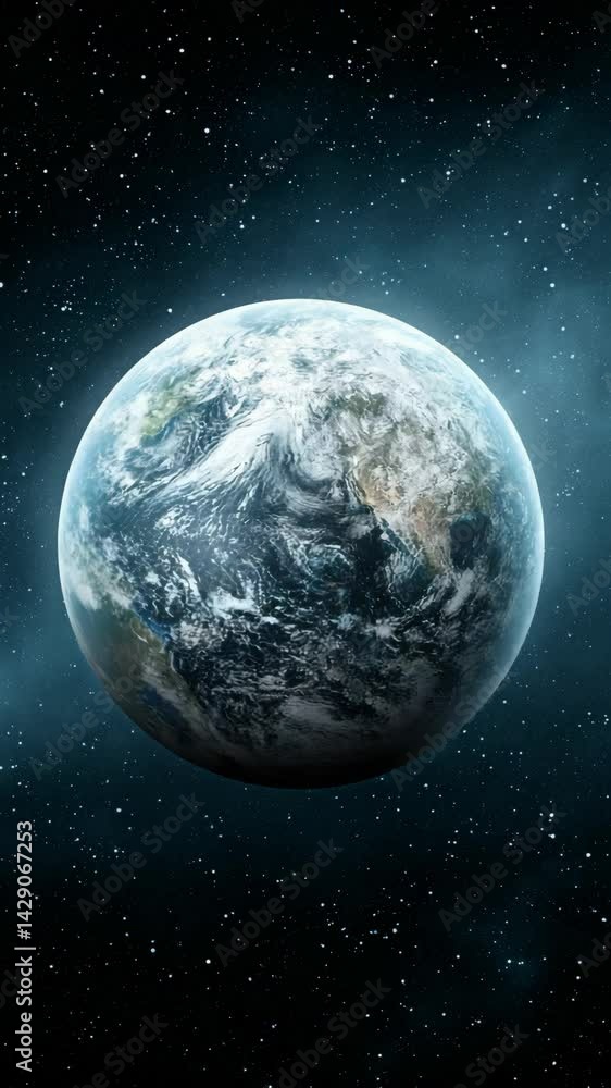 Poster earth planet with realistic clouds and atmosphere floating in outer space among distant stars for sc
