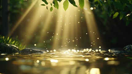A serene scene of sunlight streaming through leaves, illuminating a peaceful water surface with sparkling reflections and gentle ripples.