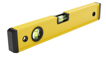 A close up shot of a yellow spirit level with black end caps on a black background in a studio shot