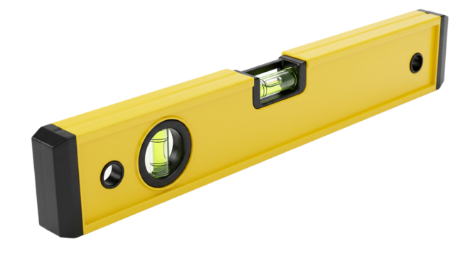 A close up shot of a yellow spirit level with black end caps on a black background in a studio shot