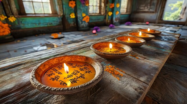 Traditional Lamps Light Sanskrit Verses of the Vedas in Ancient Room