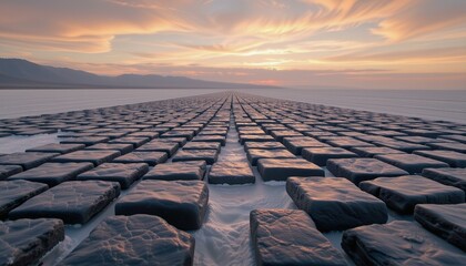 Naklejka premium Obsidian mirrors form a labyrinth reflecting a rosy dawn across expansive, shimmering salt flats.