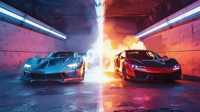 Two cars one trailing fire, the other ice race in a dynamic neon tunnel with color palettes shifting between hot red/orange and cool blue white