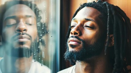 Young man with dreadlocks contemplating near window - Powered by Adobe