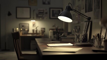 Dimly lit artist's workspace at night