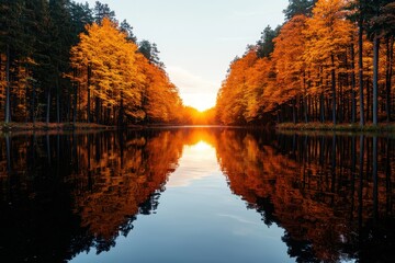 A serene autumn scene reflecting vibrant orange trees in calm water, showcasing nature's beauty at sunset.