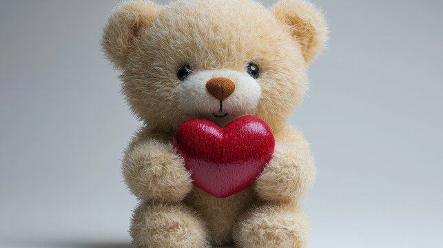 Adorable teddy bear holding a red heart, symbolizing love and affection