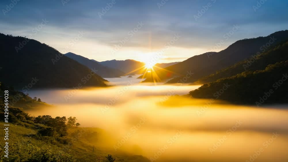 Poster fog rolling across a valley with sunbeams breaking through.